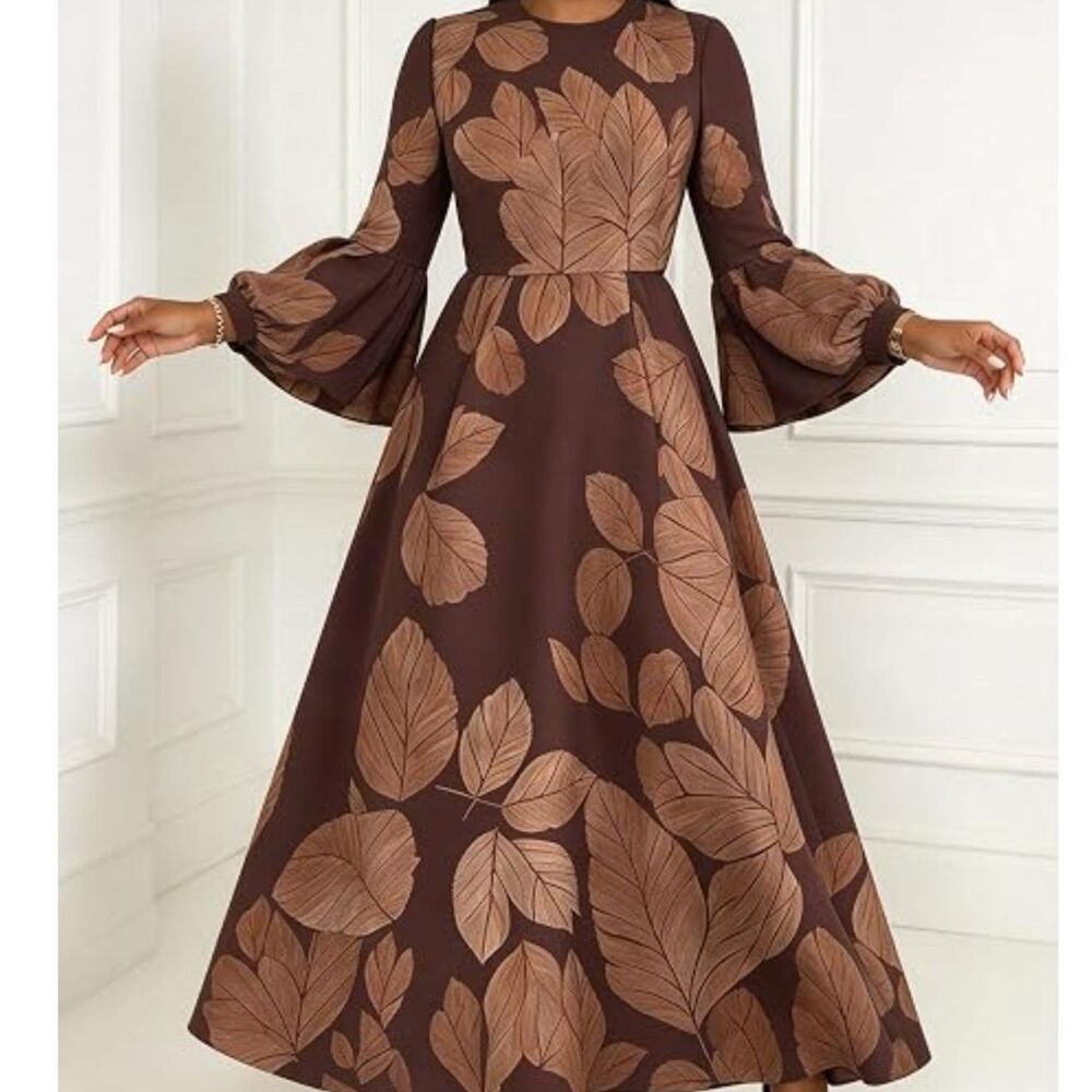 Lantern Sleeve Leaf Print Maxi Dress